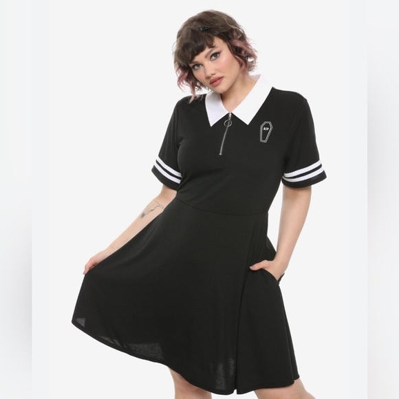 Halloween M black white Wednesday Adams collared Dead Inside Varsity Midi Dress - Picture 1 of 11